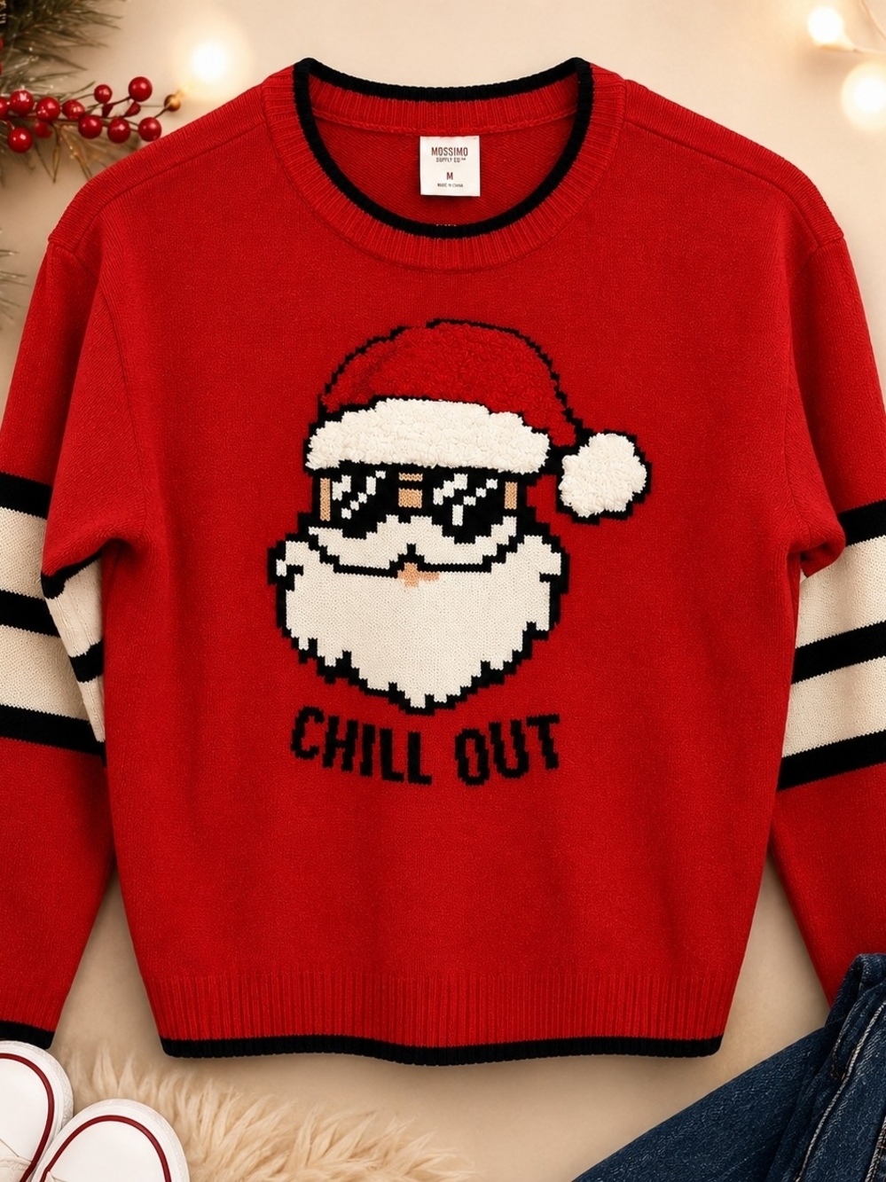 Holiday Time Red Santa 'Chill Out' Knit Sweater Girls Size 10